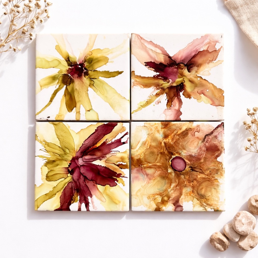Abstract Floral Ceramic Coasters Set